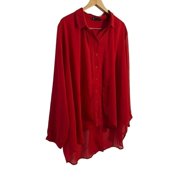 Fashion to Figure Red Chiffon Blouse 3X Hi Low Long Sleeves Sheer Slit Backside - Picture 2 of 9